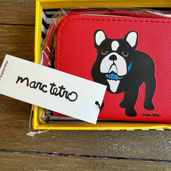 Marc Tetro Red Frenchie NWT Box and in Polly Wristlet Wallet Striped Interior - Picture 3 of 9